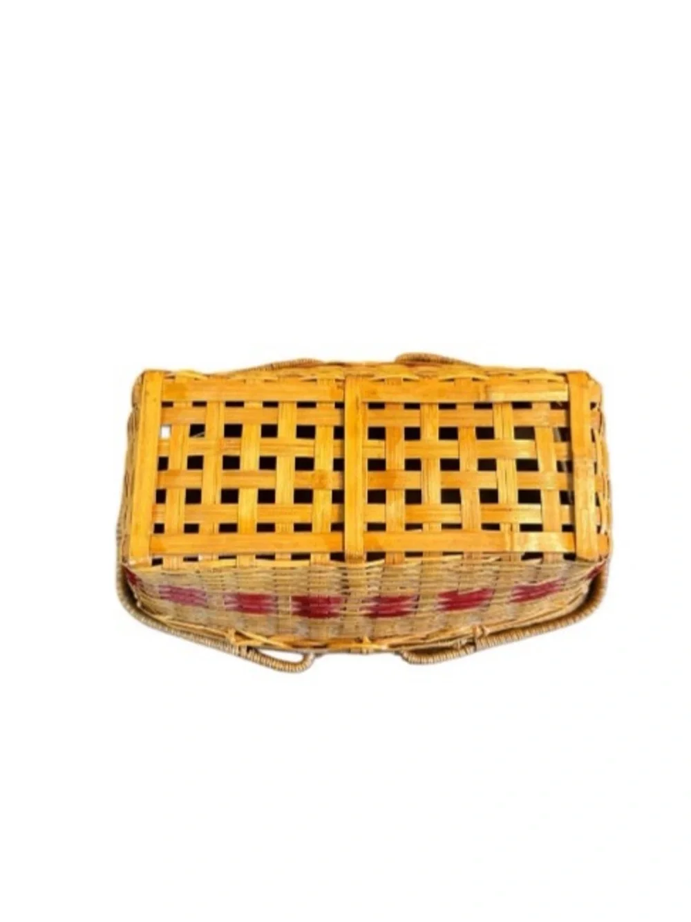 Hand Woven Wicker Basket Double Swing Handles Harvest Basket Red Accent Picnic